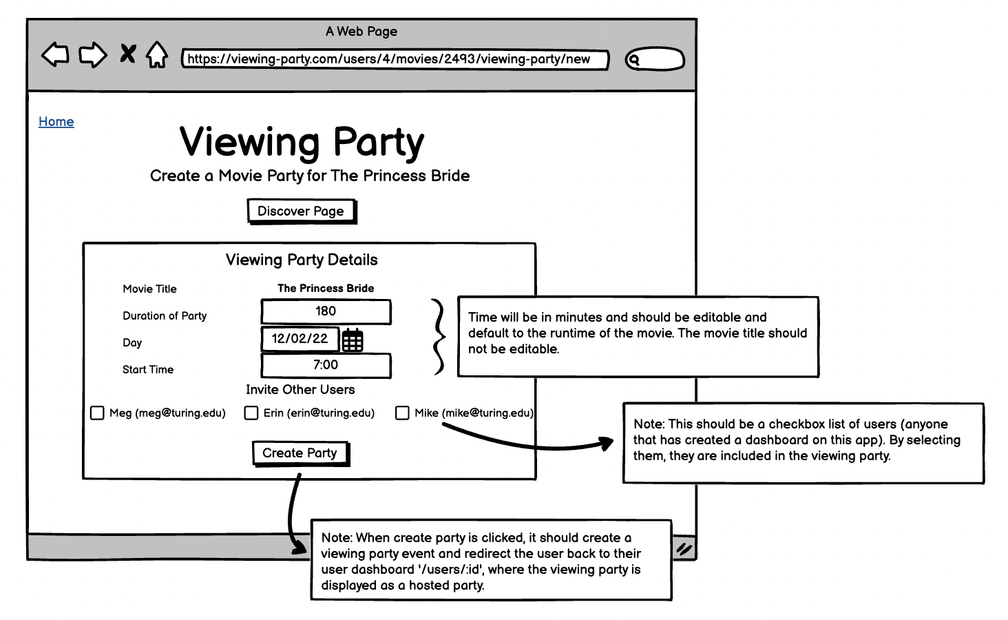create viewing party wireframe